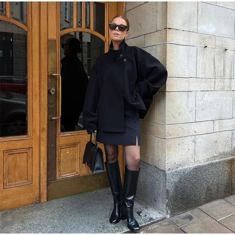 Women Fashion Stand Collar Woolen Jacket