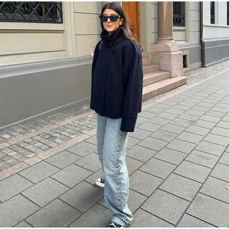 Women Fashion Stand Collar Woolen Jacket