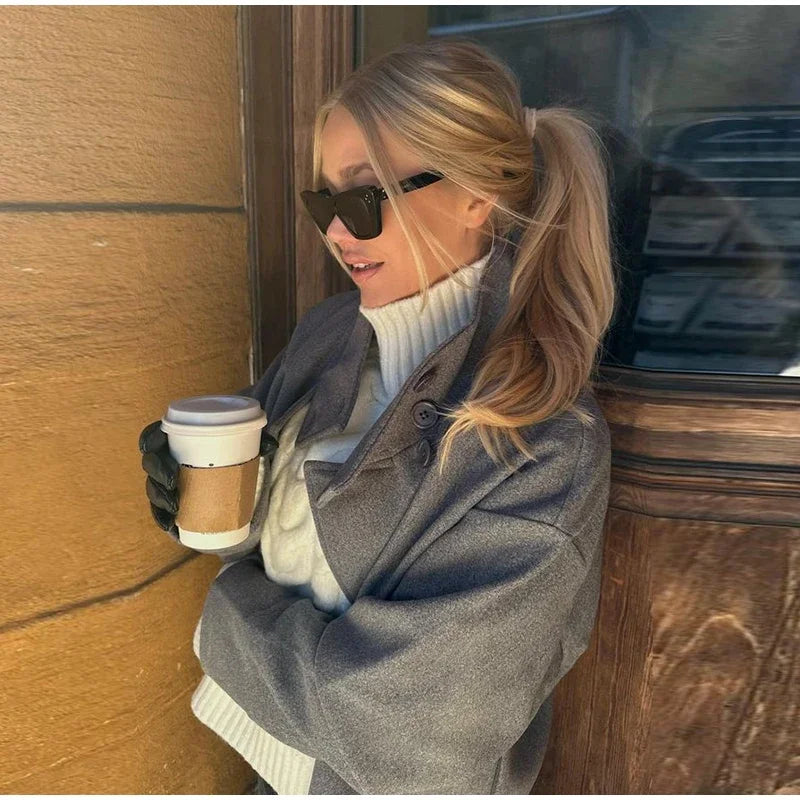 Women Fashion Stand Collar Woolen Jacket