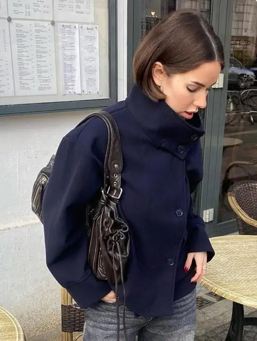 Women Fashion Stand Collar Woolen Jacket