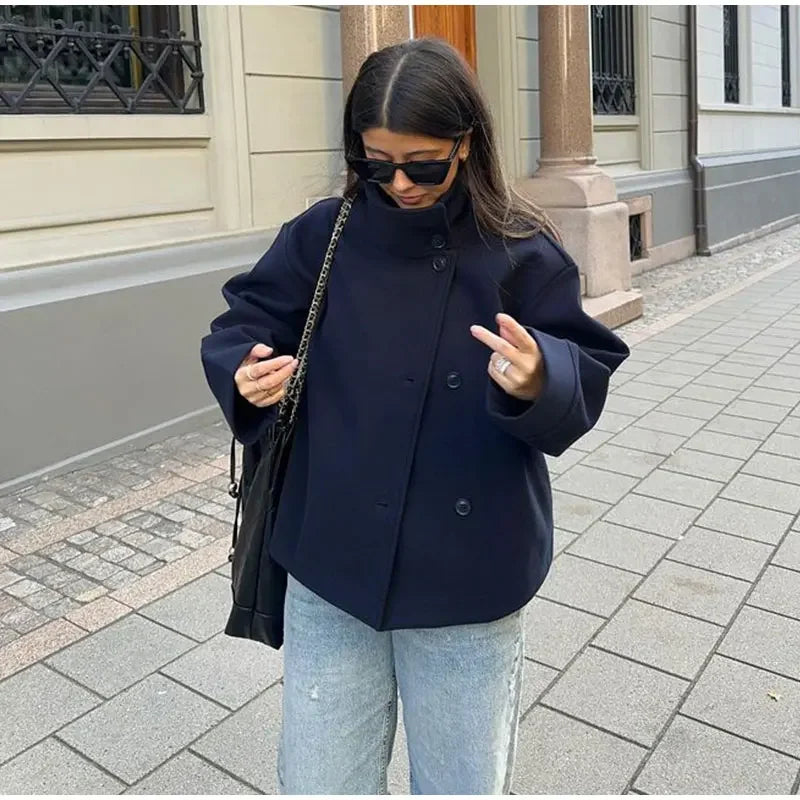 Women Fashion Stand Collar Woolen Jacket